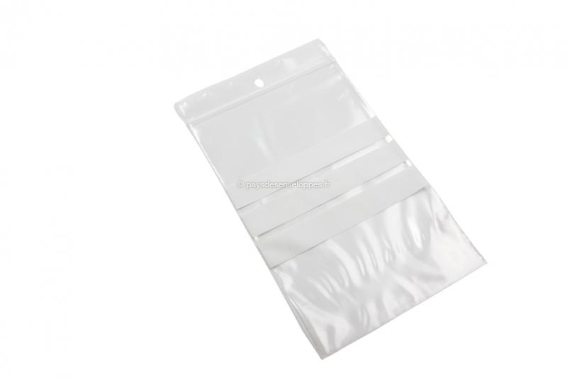 Sachet zip à bandes blanches 150 x 180 mm, Résistant, Transparent